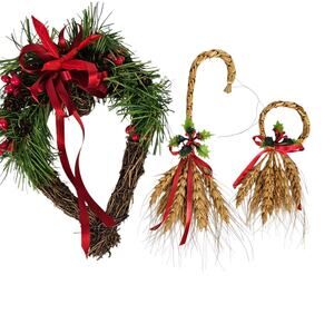 Lot of 3 Christmas winter decor 1 heart wreath 2 wheat weaving ornaments